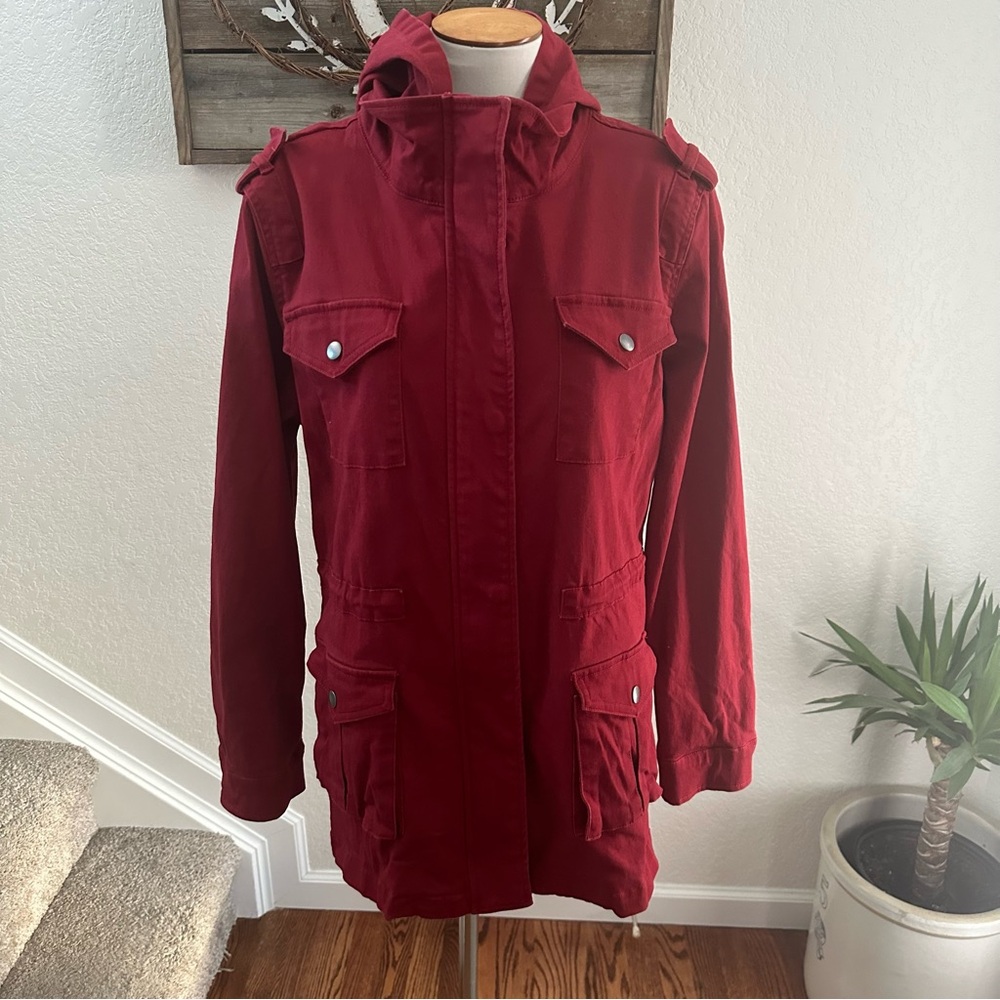 Stitch‎ Fix Market & Spruce red cotton hooded utility jacket full zip size Large
